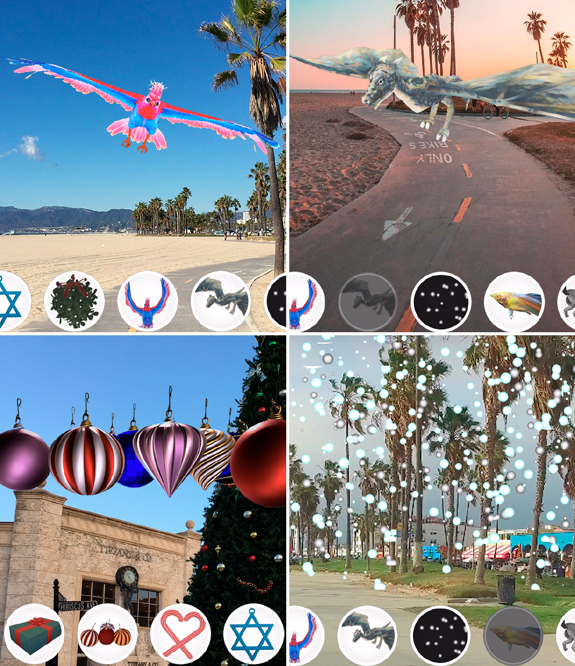 A 2x2 arrangement of 3D augmented reality models. Clockwise, from top left: an AR phoenix, an AR dragon, a group of AR holiday ornaments, and AR falling snow.