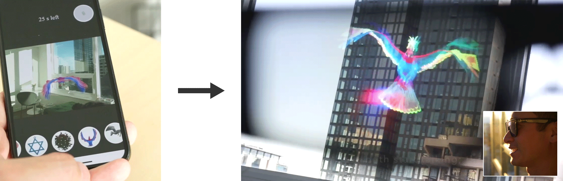 Two animated images side-by-side. The left image shows a user viewing a flying augmented reality phoenix on their smartphone. A carousel is shown at the bottom of the smartphone screen, implying that the smartphone user chose the phoenix from the carousel. The right image shows a user wearing smartglasses and viewing an augmented reality phoenix flying in their environment. An arrow points from the left image to the right image, indicating that the smartglass wearer saw the AR phoenix as a result of the smartphone user choosing it on their phone.