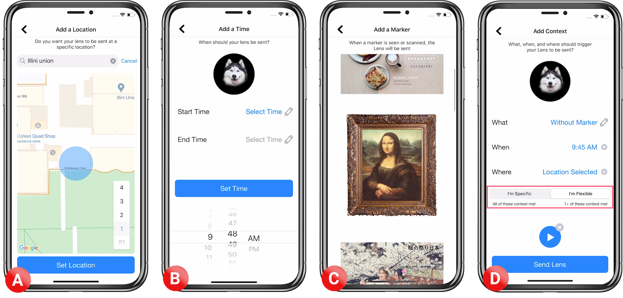 Four smartphone screenshots side-by-side. The first screenshot shows an "Add a Location" screen where the user specifies a geofence on a map. The second shows an "Add a Time" screen with a date picker widget at bottom. The third shows an "Add a Marker" screen with several pictures and posters to choose from, including an image of the <i>Mona Lisa<i>. The last screenshot shows a parent "Add Context" screen with buttons for navigating to the three other screens, as well as a toggle at the bottom with two choices: "I